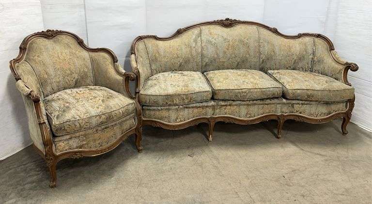 Antique sofa and chair set, sofa- 75"W, chair- 29 1/2"W, need cleaned, good