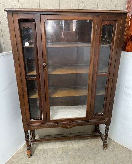 Antique wooden display cabinet on wheels, 40"W x 15"D x 63"H, very old