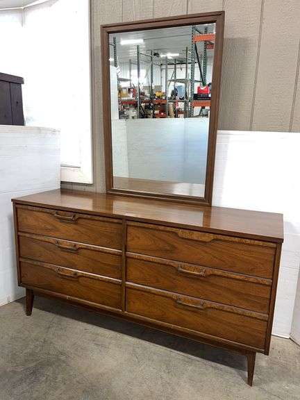 Robinson Furniture Mid-Century long brown wooden dresser with mirror, 60"W x 18"D x 31"H, with mirror- 71 1/2"H, missing a handle