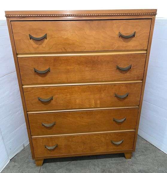 Mid-century maple five-drawer dresser, 36"W x 21"D x 50"H