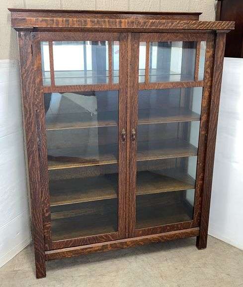 Antique solid wood and glass display cabinet, has five shelves and two doors, 45"W x 16"D x 58"H, good