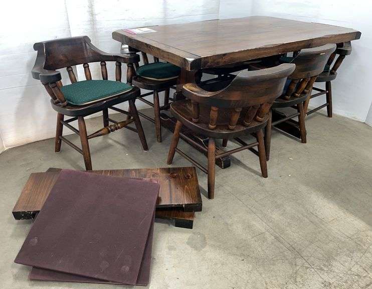 Vintage 1969 pine table with (6) chairs, (2) Leaves, and cover, comes with original bill of sale from 1969, table- 60"W x 37 1/2"D x 30 1/2"H, shows wear, good