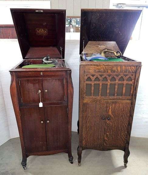 Victrola by Victor Talking Machine and Althetone True-Tone antique record players, brown with bag of parts, Victrola- 44" x 23" x 19", older; Althetone- 46" x 21" x 19", good