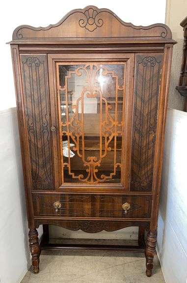 Antique wooden display cabinet, 36"W x 15"D x 69"H, crack in glass