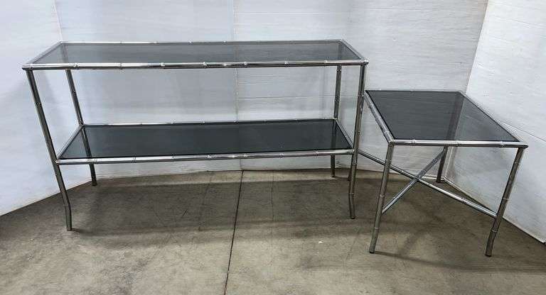 Long console metal table with glass top, and matching end table,  52"W x 16 1/4"D x 30"H and 26"W x 20"D x 21"H