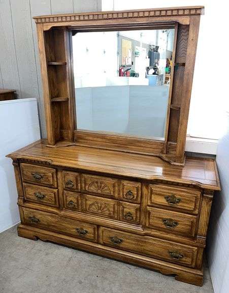 Long bedroom dresser with hutch, 64"W x 19"D x 32"H