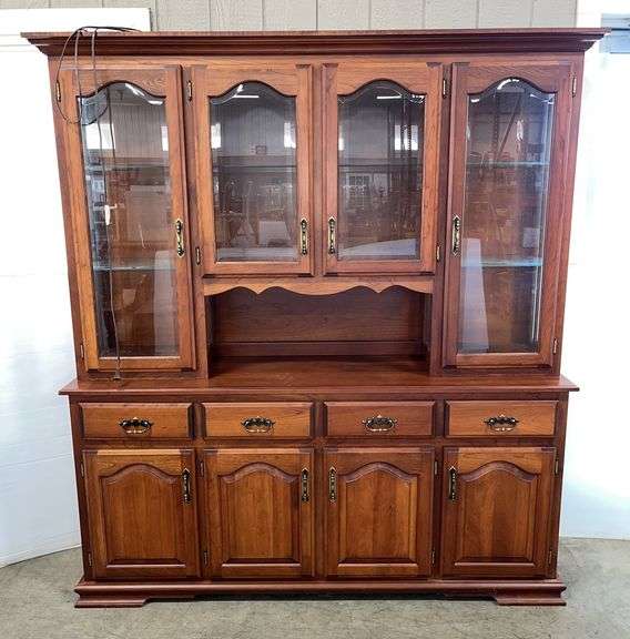 Thomasville older two-piece lighted cabinet with glass shelves, solid wood, 72"W x 19"D x 82"H, nice, some wear