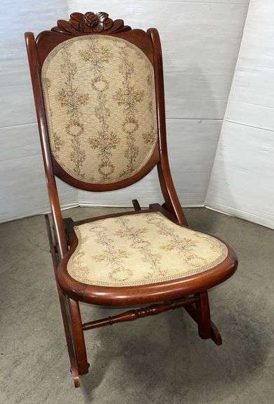 Older Victorian folding rocking chair, solid and sturdy, 15"W x 32 1/2"H, good, no rips or tears in fabric