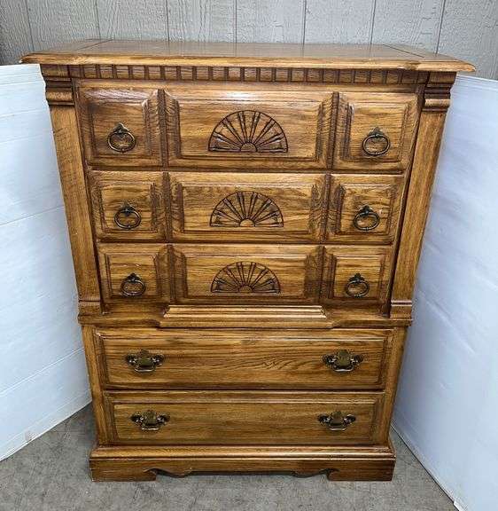 Tall standing wooden five-drawer dresser, 38"W x 19"D x 50"H