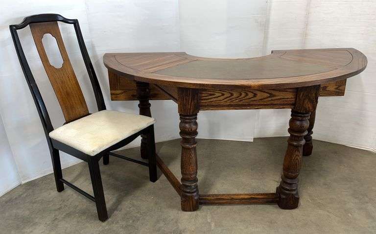 Round solid oak desk with two drop-down leaves, center drawer, and decorative inlaid top, comes with a white fabric seat chair, 65 1/2"W x 20"H, excellent