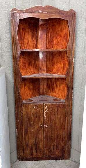 Antique wooden corner cabinet/bookshelf, 26"W x 18"D x 71"H, has wear and finish loss