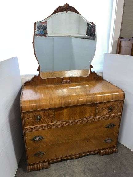 Antique wooden dresser with mirror, 44"W x 20"D x 34"H, very old, has lots of wear