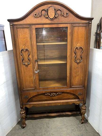 Antique Jacobean wooden carved display cabinet, 40"W x 16"D x 70"H, some nicks in veneer on bottom