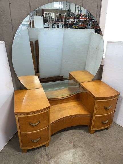 Mid-century maple vanity with big round mirror, 50"W x 19"D x 24"H