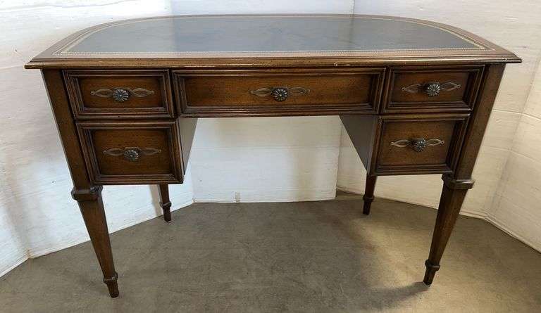 Older wooden half round desk with leather top,  42 1/2"W x 21 1/2"D x 29"H