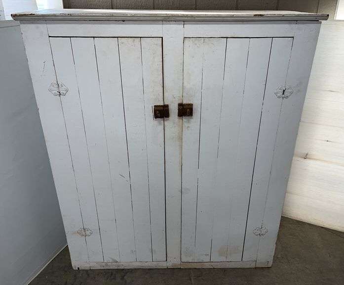 Old farm cabinet, white wood, has two swing doors and three shelves, 42 1/2"W x 16 1/21"D x 49 1/2"H, one shelf is missing, back board is missing, solid, good