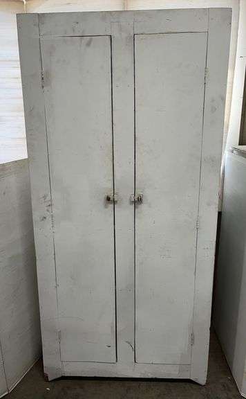 Tall farm cabinet, white wood, has two swing doors and four shelves, 35"W x 16 3/4"D x 73"H, solid, good