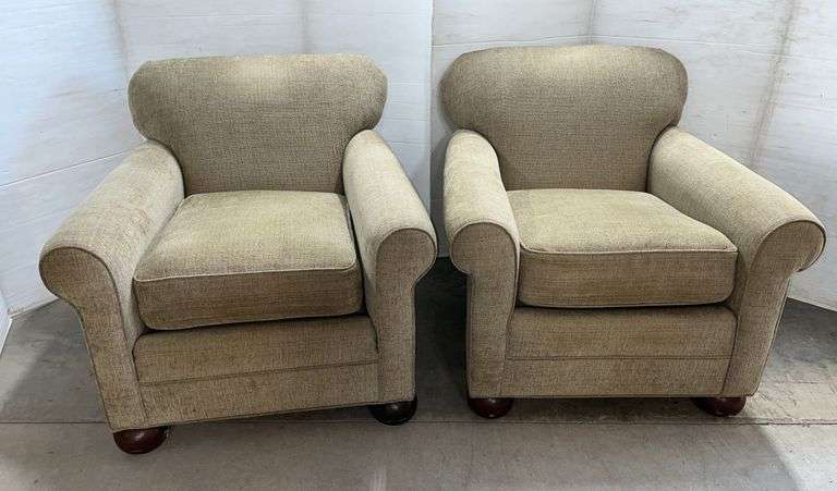 Pair of matching armchairs, beige in color, 33"W overall, seat- 20"W x 20"H, very nice