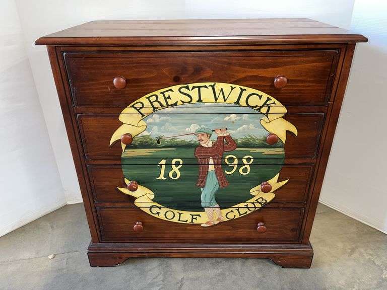 Older wooden Prestwick Golf Club wooden hand painted cabinet, 32"W x 16 1/2"D x 32"H