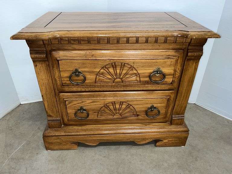 Wooden nightstand, 28"W x 16"D x 23"H, top wear