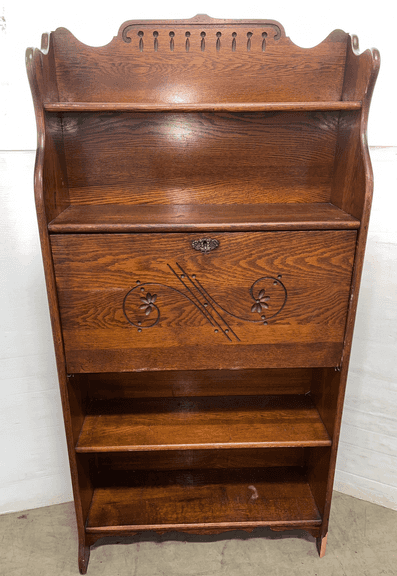 Antique oak secretary hutch with skeleton key, 30"W x 10"D x 60"H, shows age