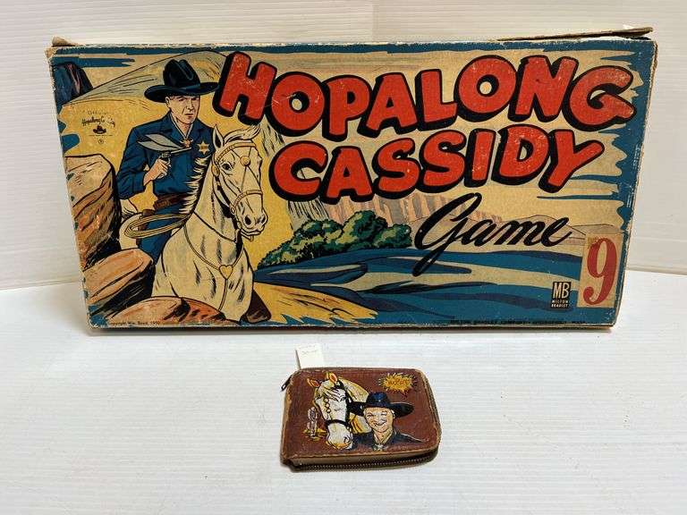 1950 Hopalong Cassidy Game by Milton Bradley, Some Box Damage; Very Old "Hoppy" Wallet, 4 1/2" x 3 1/2", Shows Age