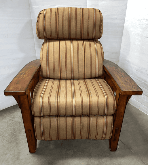 M.D. Century Mission style recliner, overall- 34"W x 40"D x 39"H, clean fabric covering, wide, nice finish on wooden arms