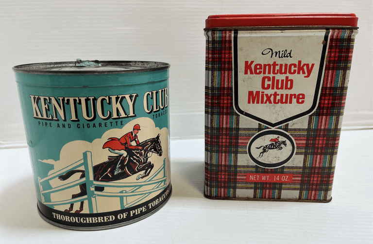 1952 Rare Kentucky Club Pipe and Cigarette Tobacco Can, Sealed; 1960s Kentucky Club Mixture Can, Empty