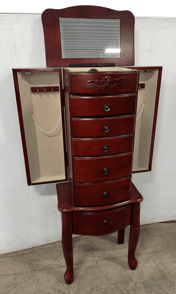 Jewelry cabinet by Hives & Honey, top flips open with mirror, has six drawers, cherry finish, 16"W x 10"D x 40 1/2"H, very nice