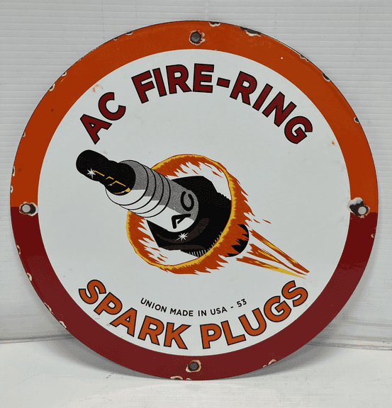 AC Spark Plugs AC Fire Ring Porcelain Sign, Marked USA-53