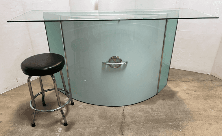 Hand Crafted/One of a Kind Bar Made from the Hood of a 1950s DeSoto, Amazing Piece of Vintage Petroliana, 1/2" Thick Solid Glass Bar Top with Black and Chrome Bar Stool