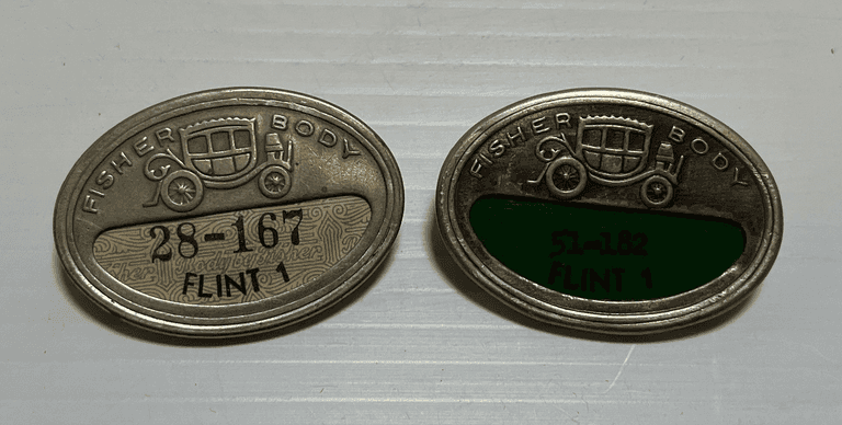 (2) Fisher Body Flint Badges/Pinbacks