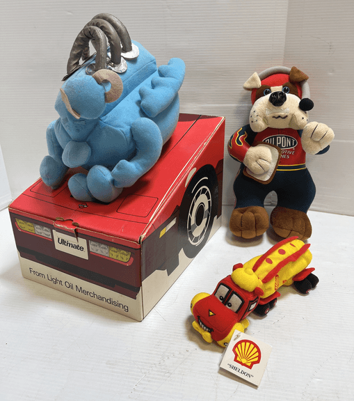 (3) Stuffed Auto Related Advertisements, Include: Rare AMACO Display Stuffed Engine Block with Cardboard Display, 12" x 8" x 9 1/2"; Stuffed DuPont Bulldog, 14"L; Stuffed Shell Oil Gas Hauler, 10"L