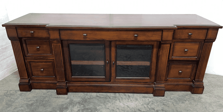 Sherwood Lawox wooden entertainment center stand, 72"W x 24"D x 29"H, some nicks, corner chipped