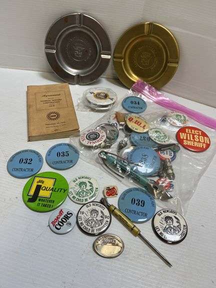 (2) Older Metal Cadillac Ashtrays, 6 1/2"Dia; UAW GM Agreement Book; Pin Collection