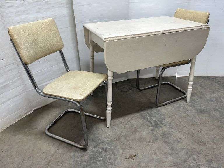 Older wooden drop-leaf table with (2) chairs, table- 35"W x 23"D x 30"H, shows age