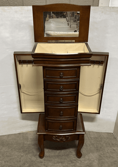 Wood jewelry armoire with five drawers, an under-top storage, and opening side panels, 16"W x 10 1/2"D x 36"H, very good