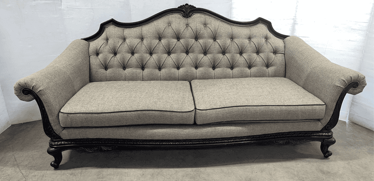 Large wooden curved couch, 96"W