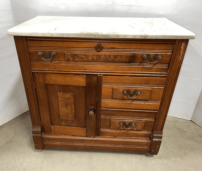 Antique small washstand on wheels with marble top, 28"W x 16"D  x 28"H