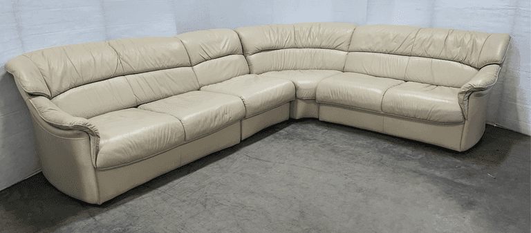 Tan leather small sectional couch, four-piece, 9'L one side, other side- 7'L