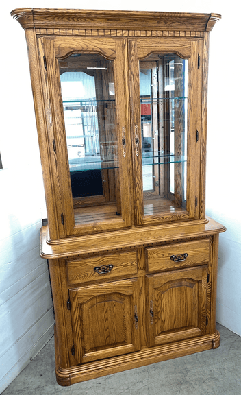 Oak china hutch, two-piece, base- 42"W x 18"D x 32"H, two drawers on top, two doors below with shelves inside, top right drawer has dividers, top has glass panels, 42"W x 14"D x 44"H, nice