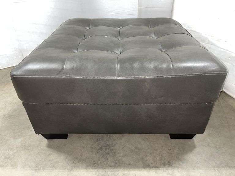 Ashley Furniture durablend gray leather footstool/ottoman, 36"W x 36"D x 18"H, like new, small burn