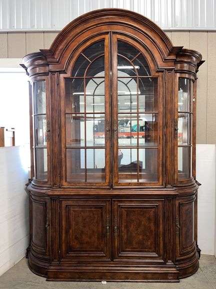 Wooden china cabinet with two shelves, has touch lamp lighting (tap the hinges), 75"W x 19"D x 94"H, very nice
