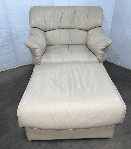 Tan leather chair, seat- 23"W x 17"H; Ottoman, 24"W x 24"D x 16"H