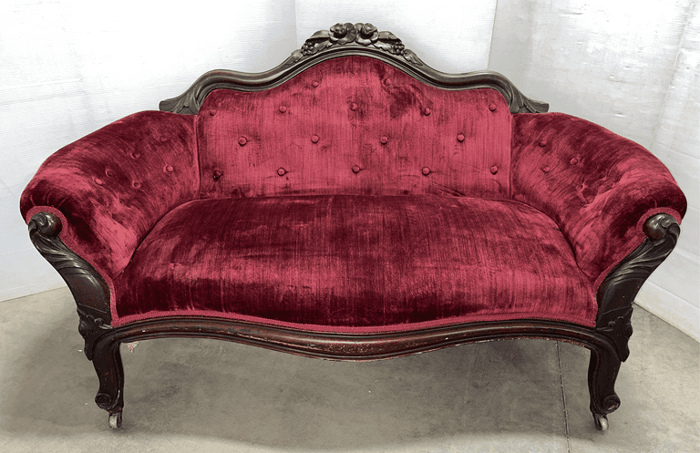 Antique 1880's burgundy settee, original upholstery, 58"W, some wear, very good for age