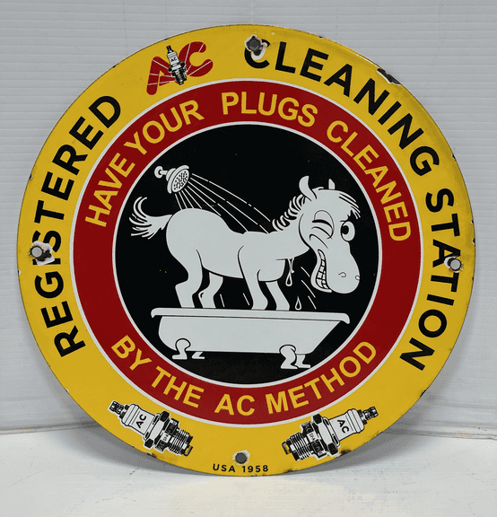 Spark Plug Cleaning Station Porcelain Sign with a Donkey On It, Marked USA 1958