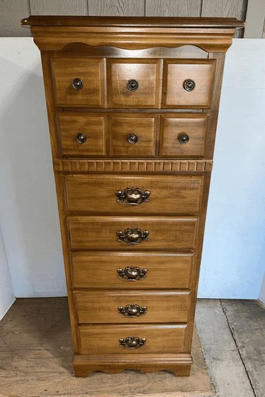 Maple dresser with seven drawers, 17 3/4"W x 15 1/2"D x 49 1/4"H, fair to good