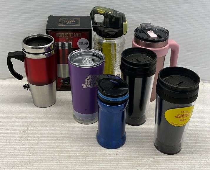 (7) Mugs, include Electric heated mug, travel mug, and water bottle
