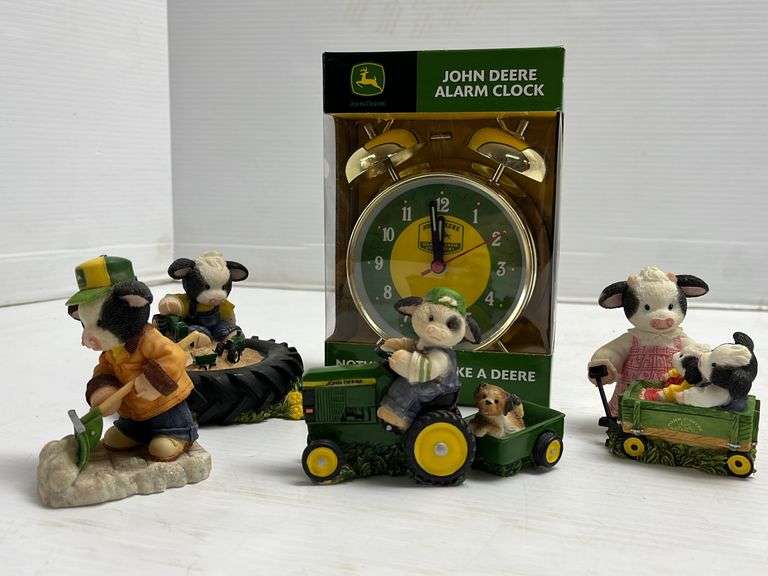 John Deere alarm clock with tag, NIB; (4) Merry Moo's collectible John