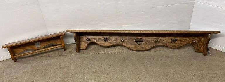 Pair of golden oak racks/shelves, coat rack- 4'L with four pegs, towel ...